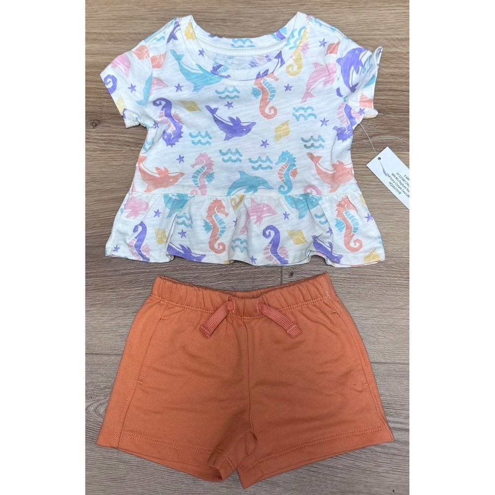 Baby Girls Sea Life Peplum Top and Shorts Set Orange Cream 3-6M NWT